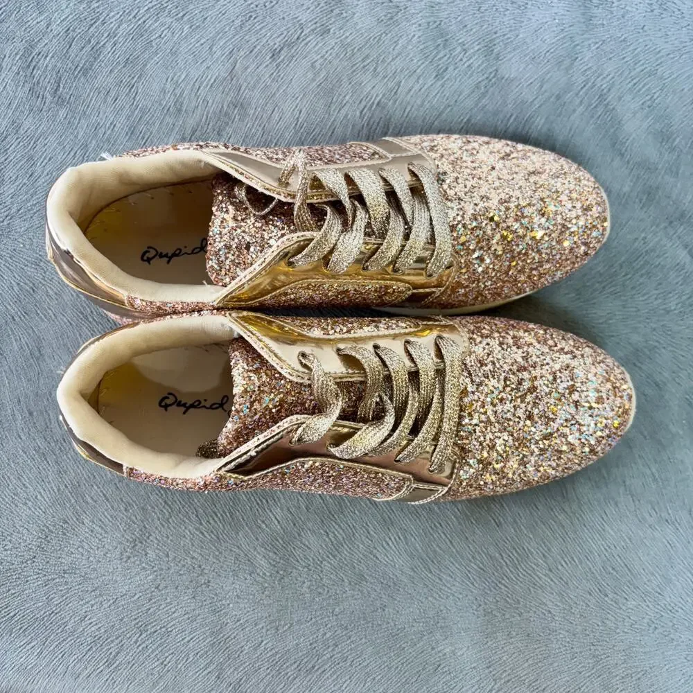 Fashion Sneakers Rose Gold Glitter Synthetic Lace Up Low Top Women's US 6 Qupid